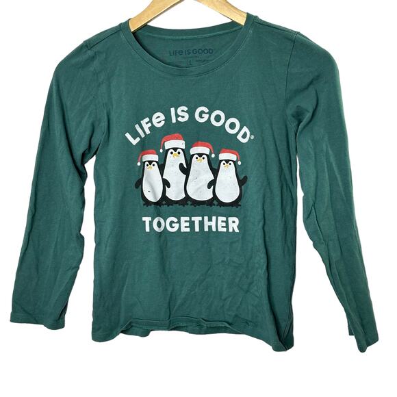 Life is Good Green Santa Hat Penguins L/S Crusher Tee Shirt Girl's Large 10 NWOT - Picture 1 of 5